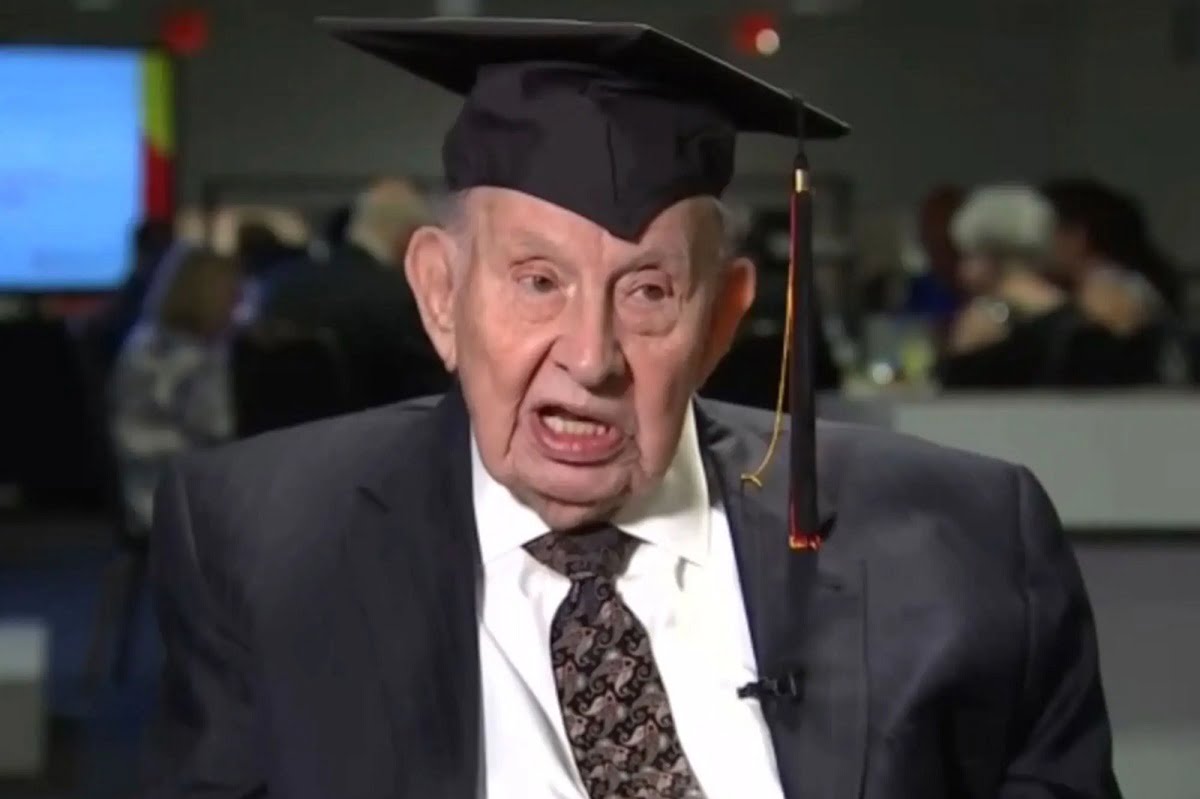 an old man in a suit and tie “I’ve had many ceremonies throughout my life, fortunately, to celebrate many occasions, but this has to be the tops,” Milton said to Fox 5 DC. 100-year-old WWII veteran finally receives college diploma nearly 60 years after graduation