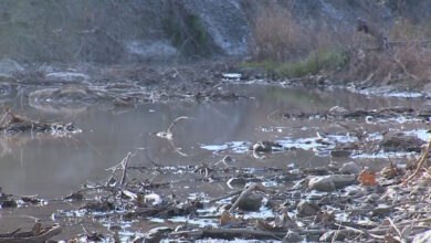 Murky water of the South Fork San Gabriel River, affected by the Georgetown sewage spill near Wolf Ranch, is filled with debris. The San Gabriel River contamination poses risks to Blue Hole Park and I-35.