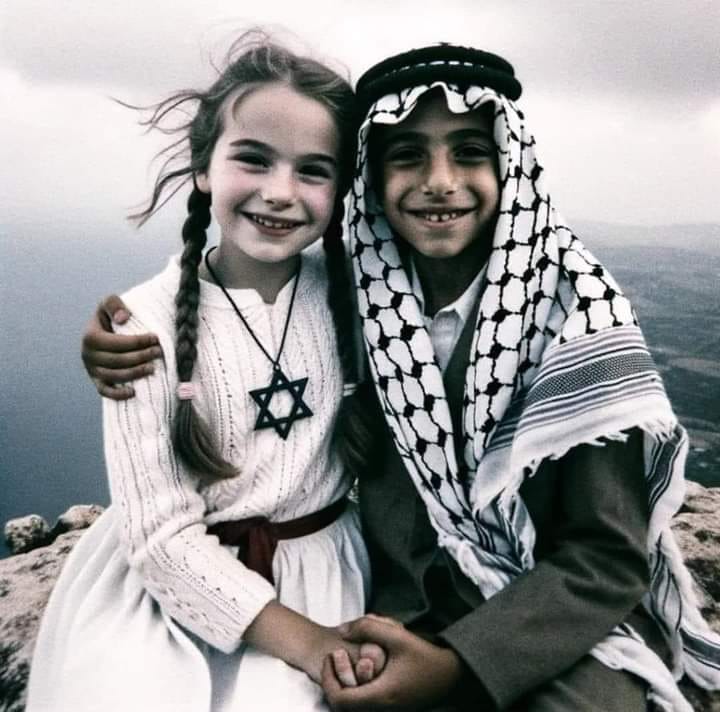 For world peace! 11-16-2023 israeli and arab jew muslim children sitting together holding hands for world peace