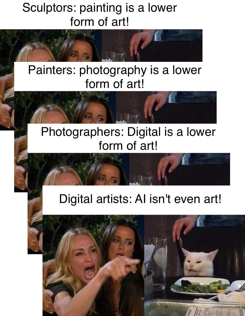 A humorous meme shows the "woman yelling at cat" format, representing the evolution of art criticism. Text includes "Sculptors: painting is a lower form of art!" to "Digital artists: AI isn't even art!