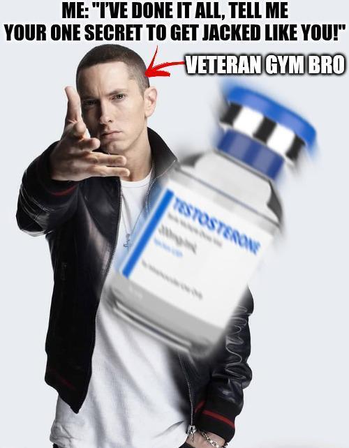 Eminem pointing a finger, with a blurred vial of "Testosterone" in the foreground, a meme referencing the "Testosterone" blog title.