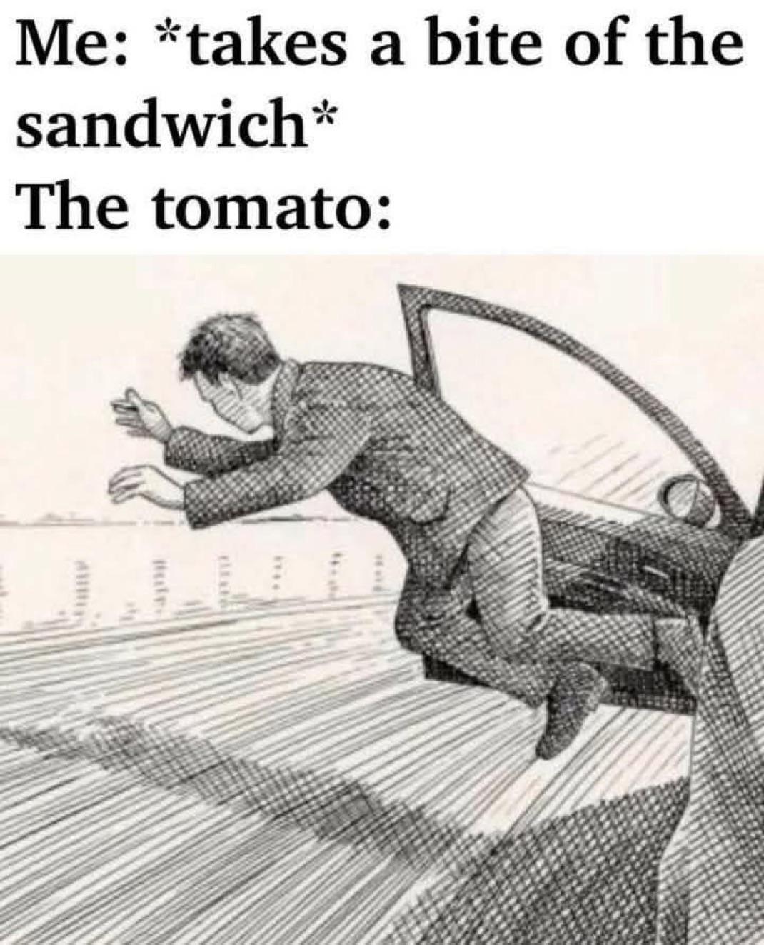 En mand i jakkesæt springer dramatisk fra en bil, der repræsenterer tomaten, der flygter fra en sandwich, en humoristisk take på sandwichkonstruktion. Billedet perfekt indkapslet bloggens emne.