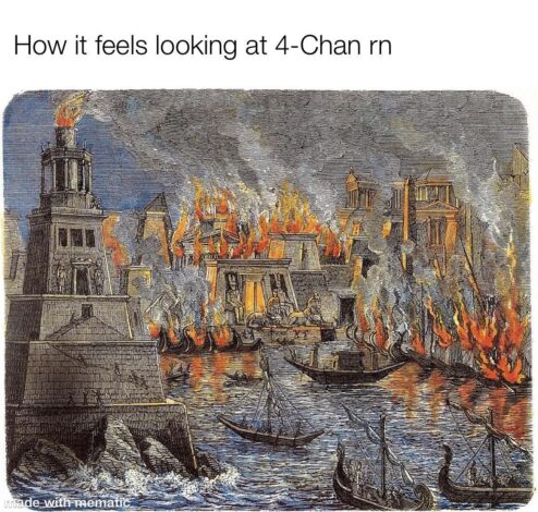 Engraving depicting a city engulfed in flames, with ships and boats in the water. The scene evokes chaos and destruction, reflecting the feeling of 4Chan burning down.