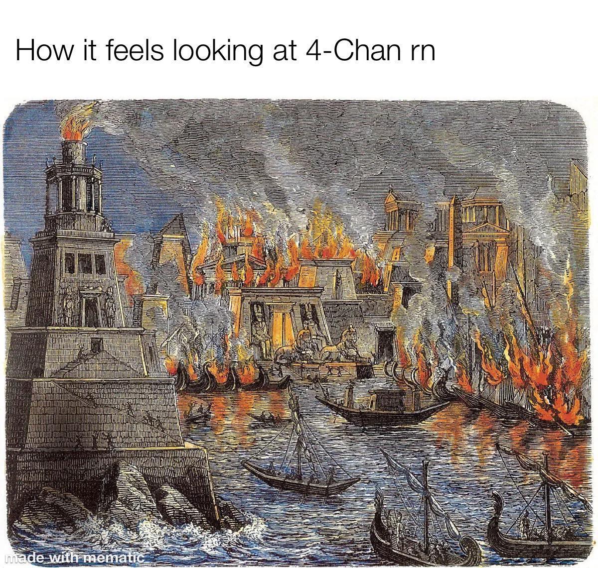 Engraving depicting a city engulfed in flames, with ships and boats in the water. The scene evokes chaos and destruction, reflecting the feeling of 4Chan burning down.