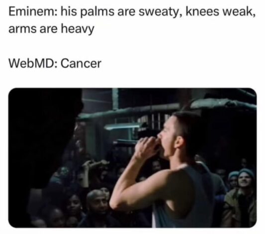 Uh oh. 4-17-2025 eminem his palms are sweaty knees weak arms are heavy webmd says thats cancer dank memes