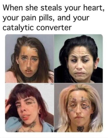 Four mugshot photos of women with visible facial tattoos and piercings, conveying a hardened or weary expression. The meme text humorously references theft of heart, pain pills, and a catalytic converter.