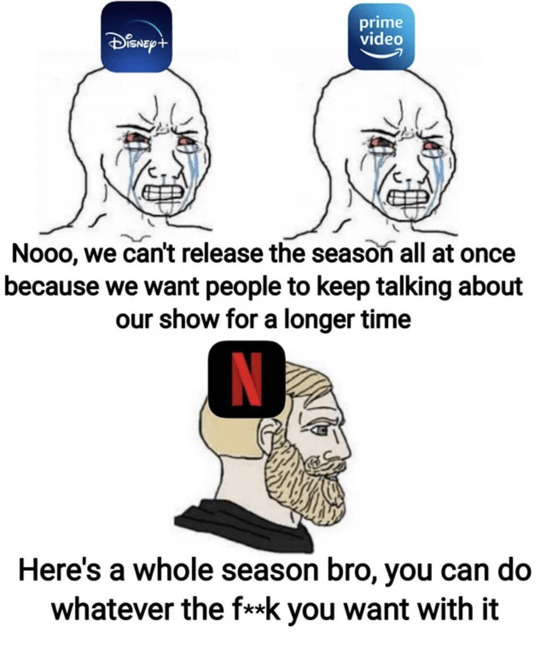 A meme comparing streaming services. Disney+ and Prime Video are represented by crying Wojaks lamenting the need to release episodes weekly to maintain buzz. Netflix, as the Chad meme, boasts, "Here's a whole season bro.