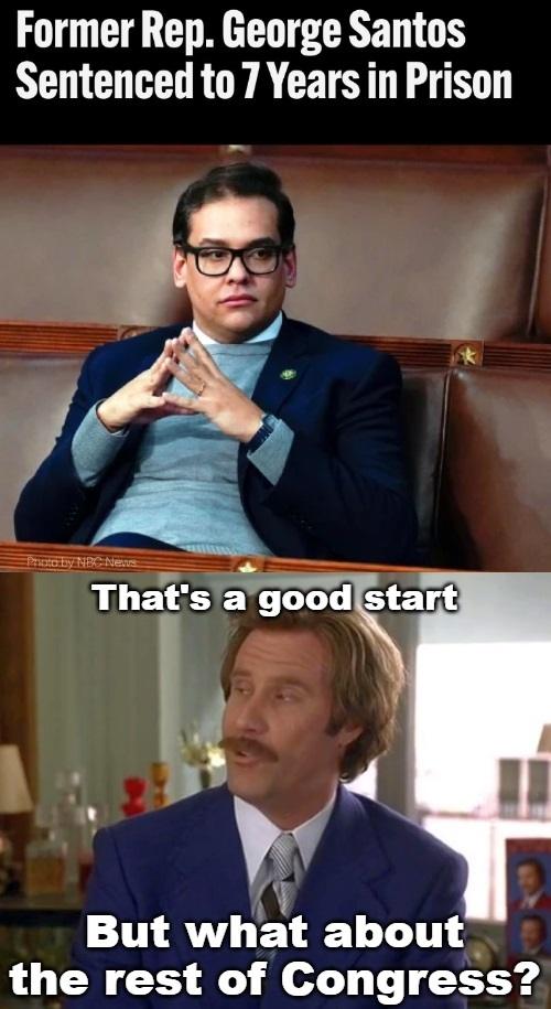 Meme showing former Rep. George Santos in a suit, juxtaposed with Ron Burgundy from "Anchorman," implying wider corruption in Congress. Text reads, "Former Rep. George Santos Sentenced to 7 Years in Prison. But what about the rest of Congress?