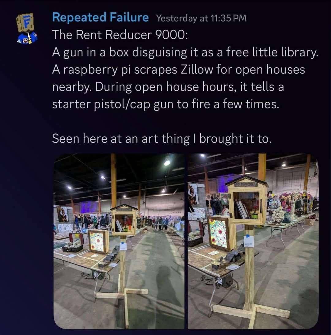 Two "free little library" structures repurposed as cap gun displays at an art fair. The text reads: "The Rent Reducer 9000".