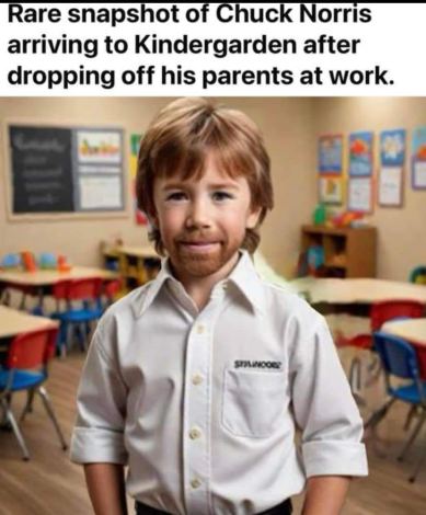 He must've learned how to drive when he was just a baby. 5-13-2024 rare snapshot of chuck norris at kindergarten after dropping his parents off at school dank memes