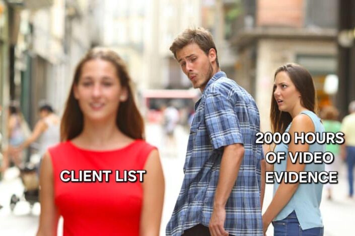 Man in plaid shirt looks back at "Client List" while ignoring the woman labeled "2000 Hours of Video Evidence." The meme highlights the potential scandal of prominent figures and the lack of an Epstein client list.
