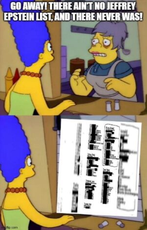 Marge Simpson confronts a diner employee who denies the existence of an Epstein client list. The employee, looking flustered, dismisses the idea. Marge points to a document with names, presumably the list, in the second panel.