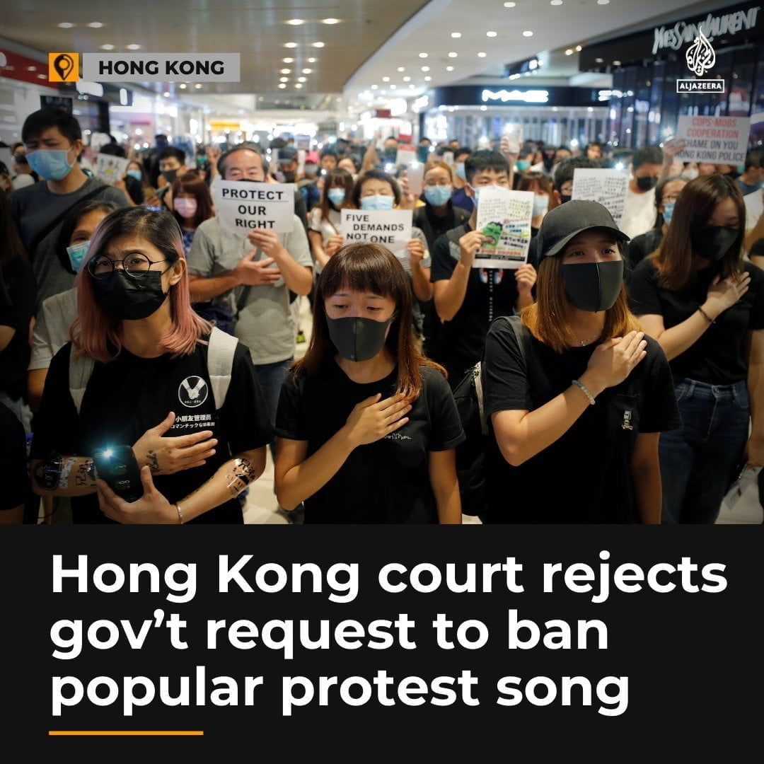 A court in Hong Kong has declined a gov't request to ban the protest song, Glory to Hong Kong, a decision rejecting a challenge to freedom of expression