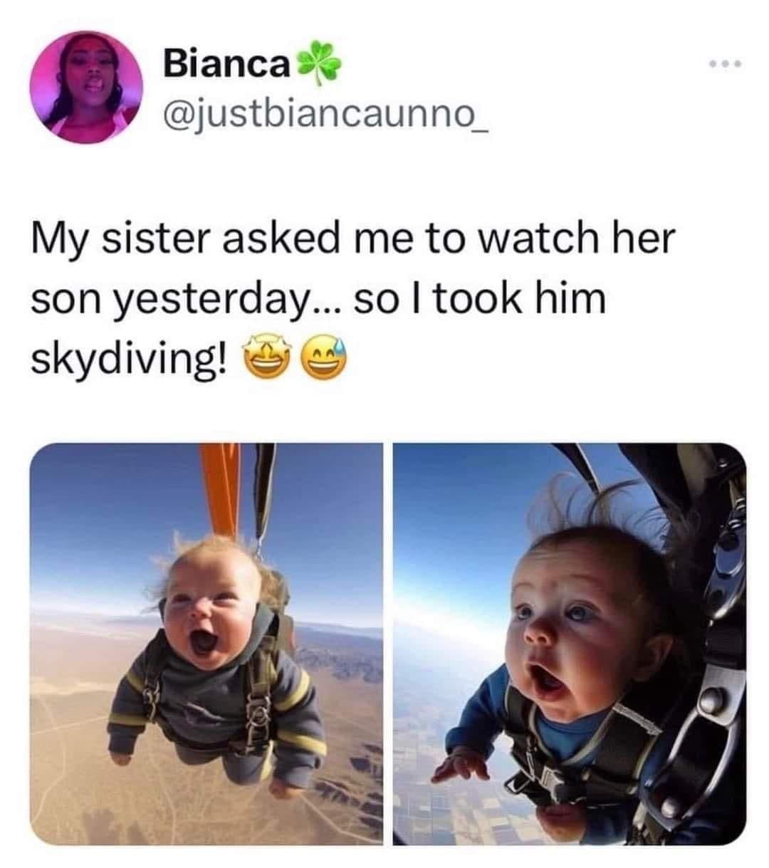 I'm sure it kept the kid entertained. kid child boy skydiving babysitting