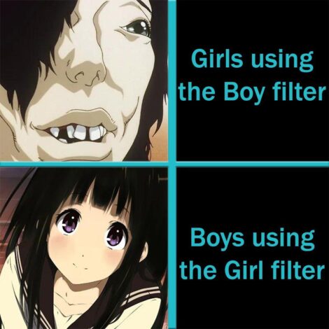 A humorous meme comparing anime character transformations. Top left shows a grotesque anime character labeled "Girls using the Boy filter". Bottom left displays a cute anime girl, labeled "Boys using the Girl filter".