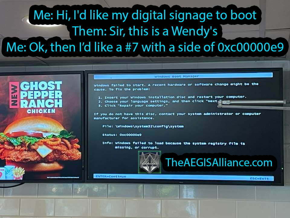 What kinda restaurant menu is this supposed to be anyway? 8-19-2023 wendys digital signage wouldnt boot dank memes