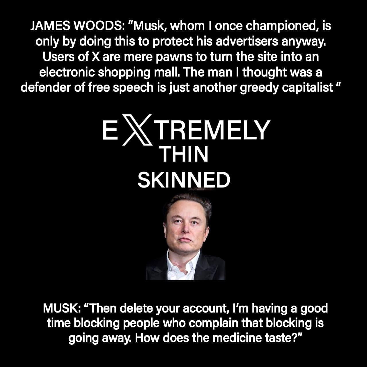 Twitter/X's Elon Musk is going through some things... with his biggest fans, and it's not looking so good. 8-22-2023 elon musk james woods removing block feature controversy with biggest fans.