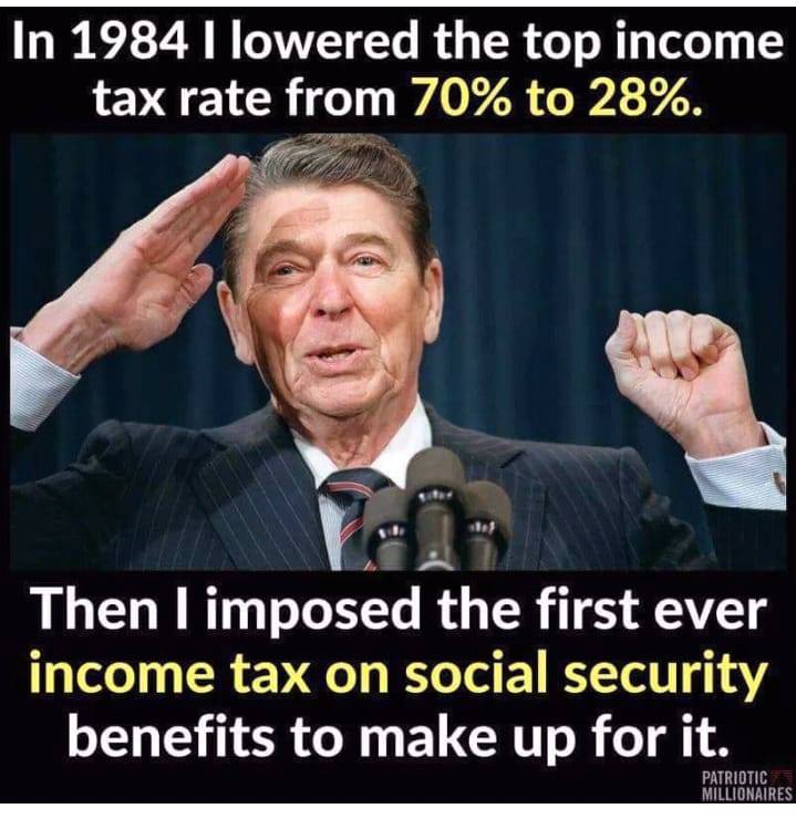 Former President Ronald Reagan wasn't actually much of a hero at all like some people think he is. 8-28-2023 ronald reagan trickle down economics didnt work lowered top income tax and taxes social security benefits dank memes