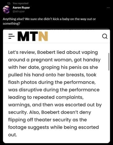 Republican Rep. Lauren Boebert is a hero to the Republicans, she's all about those "family values." It was at a Beetlejuice play meant for children too. 😳 Anyone else would've been arrested. 9-16-2023 bobo the clown at beetlejuice play