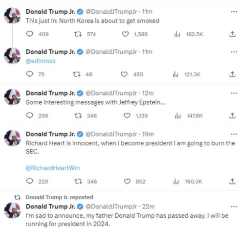 Trump Jr.'s Twitter/X account got hacked. Lulz. 9-21-2023 donald trump jr twitter x account hacked yesterday on 9-20-2023 dank memes