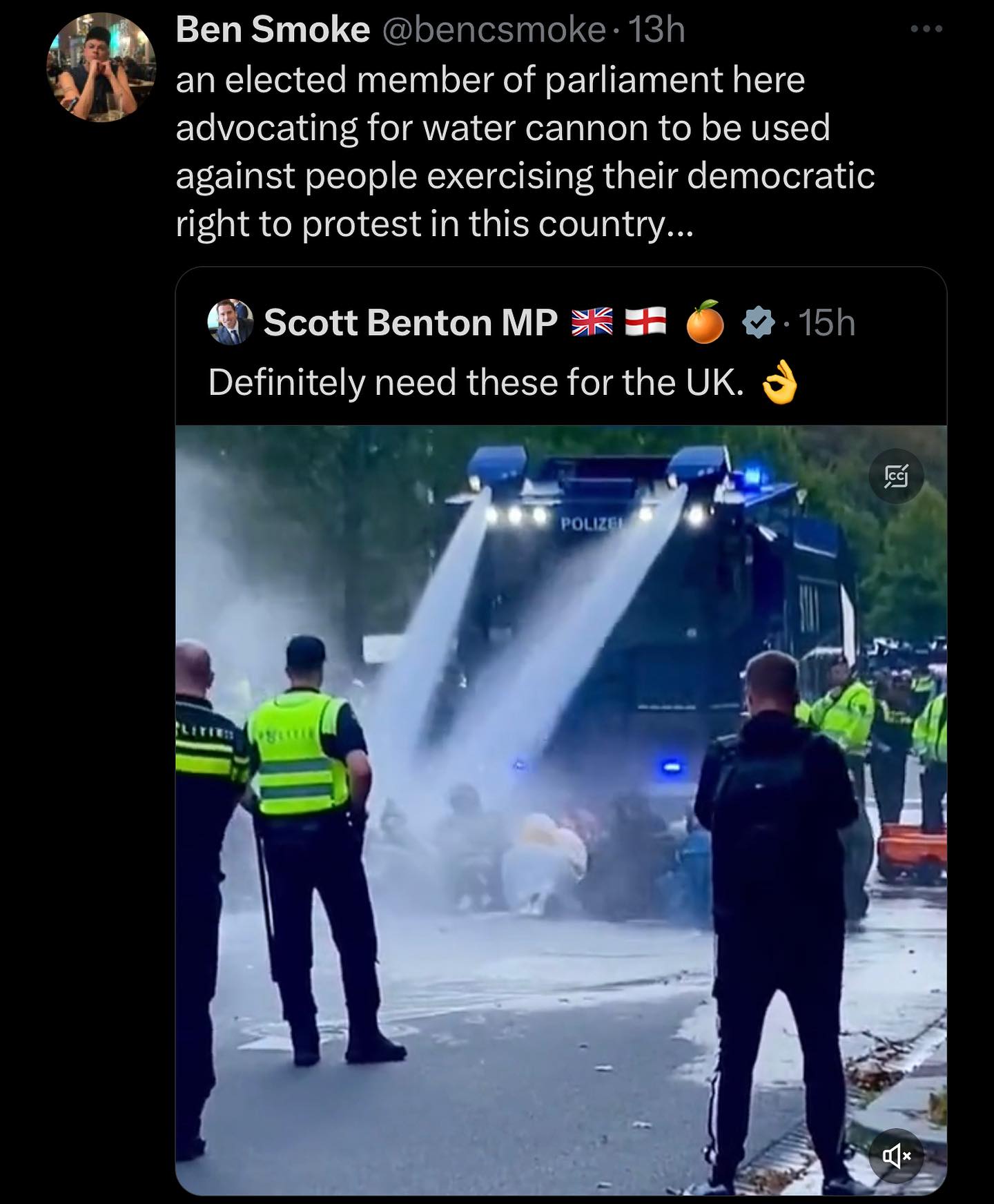 A UK lawmaker publicly requested that a law should be broken. 9-24-2023 parliament member uk demanding water cannon for protesters requesting a law be broken