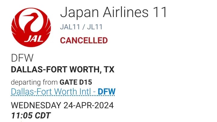 Air Japan flight from Dallas to Tokyo canceled after police break up all-night party where pilot was drinking The pilot was characterized as causing disturbance the evening prior to the departure. (FlightAware)