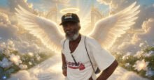 Jerry Blasingame, a homeless man paralyzed by an Atlanta police taser, depicted with angelic wings and a halo, symbolizing his posthumous vindication in a $21 million lawsuit against Officer Jon Grubbs.