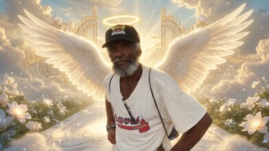 Jerry Blasingame, a homeless man paralyzed by an Atlanta police taser, depicted with angelic wings and a halo, symbolizing his posthumous vindication in a $21 million lawsuit against Officer Jon Grubbs.