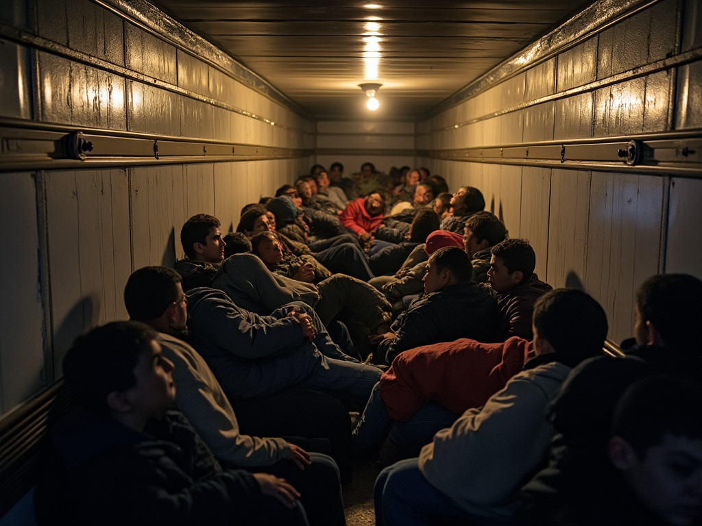 dozens of Mexican migrants having trouble breathing inside a hot semi truck trailer with a lightbulb on grok2 ai