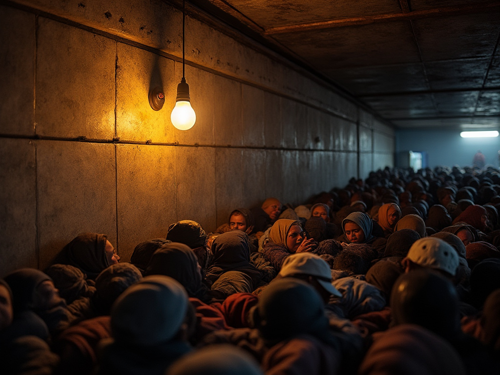 dozens of Mexican migrants having trouble breathing inside a hot semi truck trailer with a lightbulb on grok2 ai