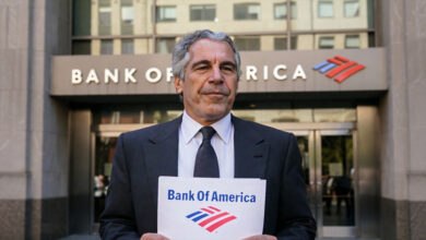 Jeffrey Epstein stands in front of a Bank of America building, holding a sign with the Bank of America logo. The image relates to the class-action lawsuit against Bank of America over alleged ties to Epstein's sex trafficking operations.