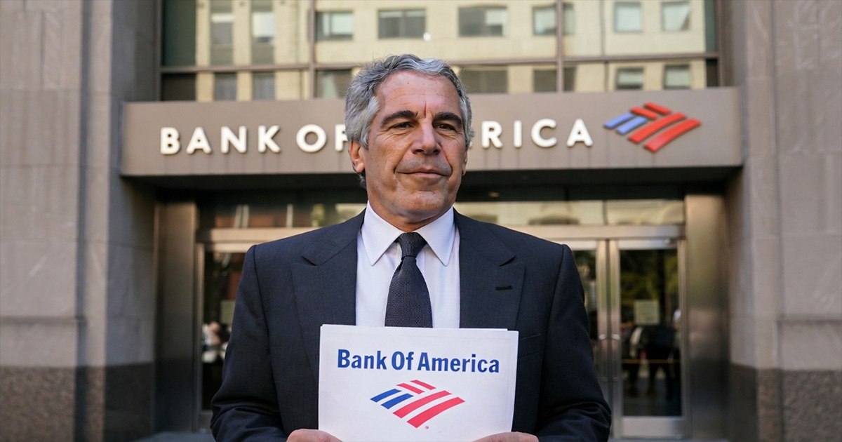 Jeffrey Epstein in front of a Bank of America building, referencing the class-action settlement over alleged ties to his trafficking operation