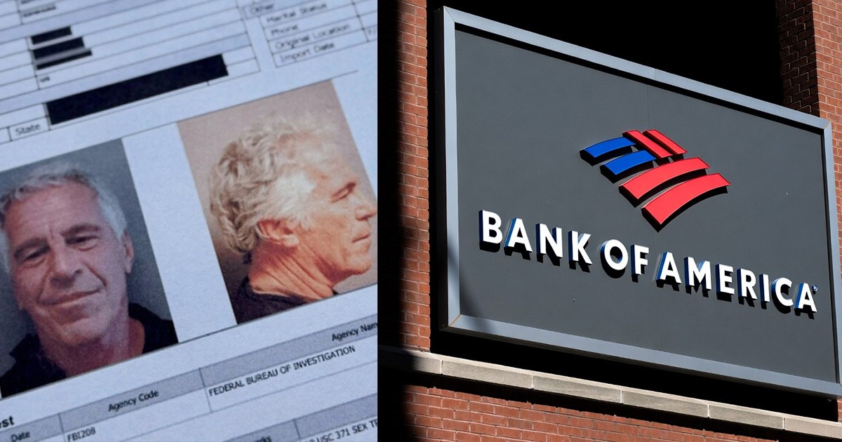 A split image showing Jeffrey Epstein's mugshot and the Bank of America logo. The Bank of America settlement with Epstein abuse survivors is a step toward justice for victims.