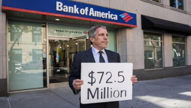 A man stands in front of a Bank of America branch holding a sign that reads "$72.5 Million," referencing the Epstein victims lawsuit settlement. The bank's logo is visible above the entrance. This Epstein bank settlement aims to resolve suspicious activity claims.