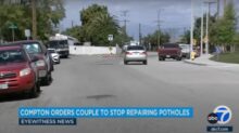 Compton orders California couple to stop filling in neighborhood potholes themselves - ‘We’ve begged the city for help’ The couple started by repairing the potholes near their house before committing to enhancing Compton by addressing each pothole individually. (ABC7/YouTube)