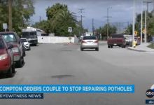 Compton orders California couple to stop filling in neighborhood potholes themselves - ‘We’ve begged the city for help’ The couple started by repairing the potholes near their house before committing to enhancing Compton by addressing each pothole individually. (ABC7/YouTube)