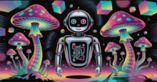 A whimsical image of a robot amidst psychedelic mushrooms with binary code, reflecting the “drugged high tech” chatbot theme. Cubes float in the background, hinting at the AI world and the underground AI plugin forum updates.