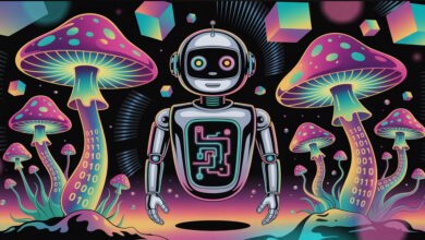 A whimsical image of a robot amidst psychedelic mushrooms with binary code, reflecting the “drugged high tech” chatbot theme. Cubes float in the background, hinting at the AI world and the underground AI plugin forum updates.