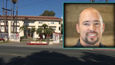 Image shows Christian Unified High School in El Cajon with an inset photo of Kevin G. Conover, the Bible teacher arrested on 14 counts of child sex abuse. The photo emphasizes the location of the arrest and the individual involved.