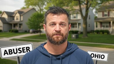 A somber-looking man with a beard stands in front of suburban houses, with signs reading "ABUSER" and "OHIO" superimposed. This image relates to the Tony McCollister Ohio arrest, a former reality TV swinger from "Neighbors with Benefits" facing child and animal abuse charges.