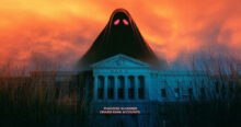 A looming, ghostly figure hovers behind a bank building under an ominous sunset sky, symbolizing the "Phantom Hacker scam" draining bank accounts. Text reads: "Phantom Scammer Drains Bank Accounts.