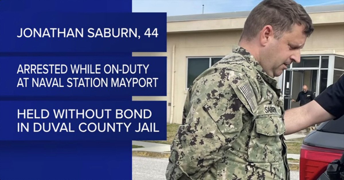 Jonathan Saburn, 44, in Navy uniform, arrested at Naval Station Mayport. Held in Duval County Jail without bond on child sex charges, this Florida Navy arrest is part of an NCIS investigation.