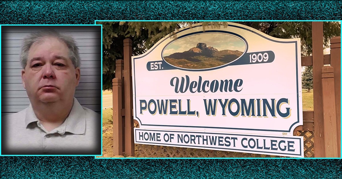 Mugshot of David Kellett, former House candidate from Powell, Wyoming, beside a Welcome to Powell, Wyoming sign referencing the town where he faces child abuse charges.