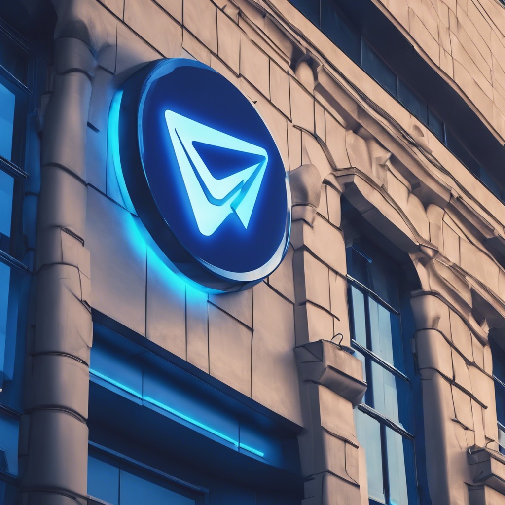 Blue glowing futuristic Telegram social media platform logo on a furutistic building. French authorities arrest Telegram CEO Pavel Durov at a Paris airport for