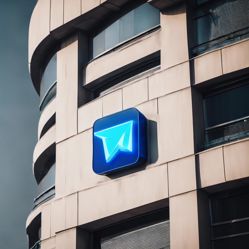 Blue glowing futuristic Telegram social media platform logo on a furutistic building. French authorities arrest Telegram CEO Pavel Durov at a Paris airport for