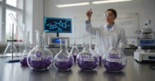 Lab scene showing flasks containing Verticillin A, a fungal compound with anti-cancer properties. A researcher in lab coat and safety glasses examines a sample, with lab equipment and a computer displaying a dimer molecule in the background.
