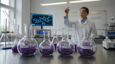 Lab scene showing flasks containing Verticillin A, a fungal compound with anti-cancer properties. A researcher in lab coat and safety glasses examines a sample, with lab equipment and a computer displaying a dimer molecule in the background.