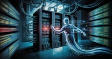 A ghostly figure reaches toward server racks in a data center, representing the GhostStory hack of the Guangzhou supercomputer. The image evokes the 10 petabytes leak and potential PLA data breach.