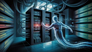 A ghostly figure reaches toward server racks in a data center, representing the GhostStory hack of the Guangzhou supercomputer. The image evokes the 10 petabytes leak and potential PLA data breach.