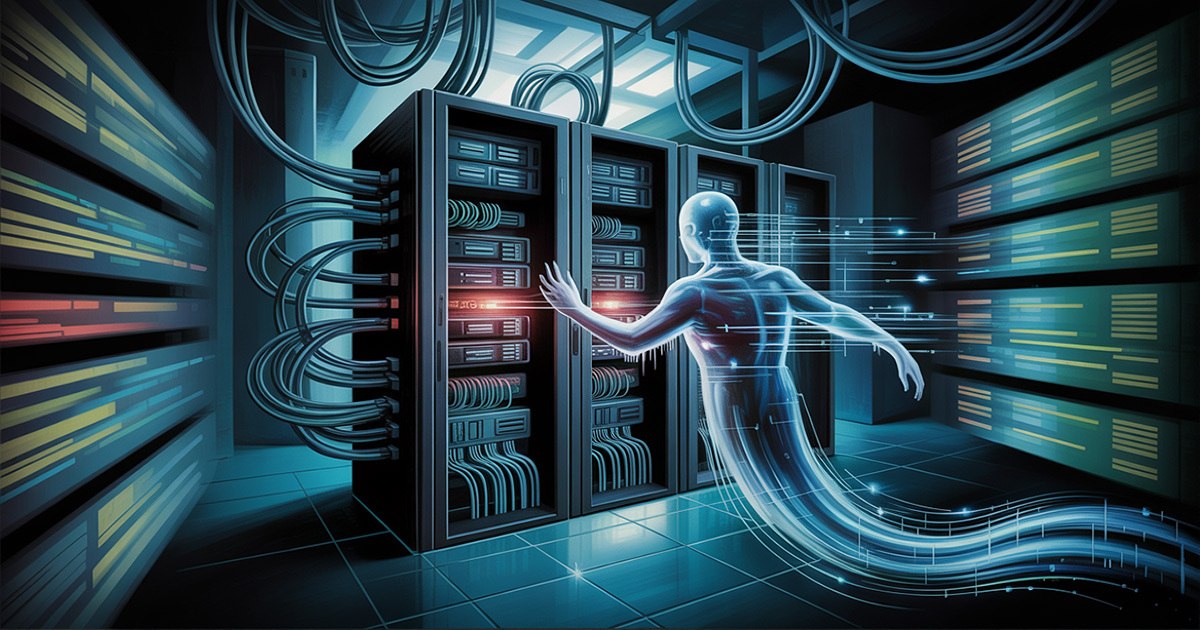 A ghostly figure reaches toward server racks in a data center, representing the claimed breach of China's National Supercomputing Center in Tianjin reported by The AEGIS Alliance